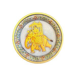 Vintage Marble Decorative Plate With Elephant Design & Intricate Gold Trim